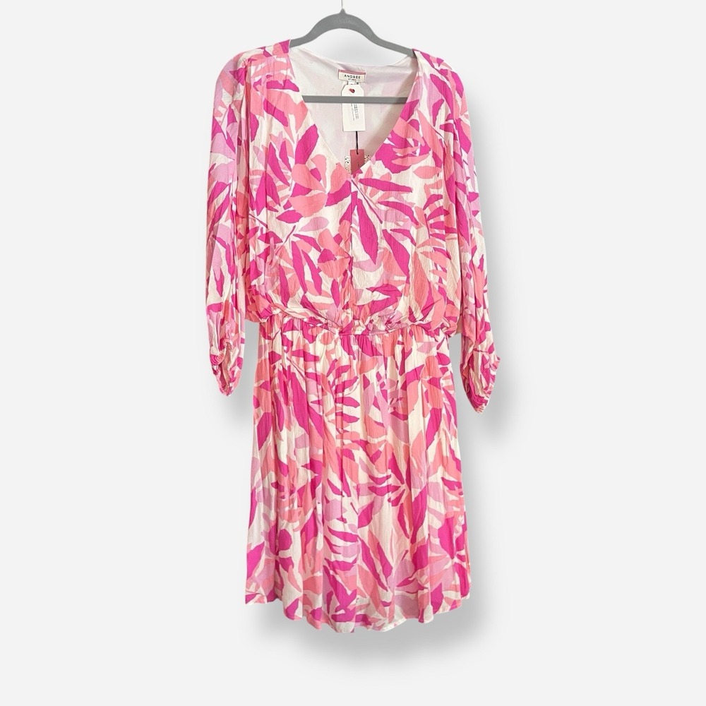 Andree By Unit Dress Women's Plus Size 2X Pink Floral Crinkle Gauze Palms Resort